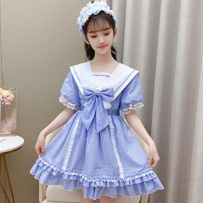 China Princess Dress Western Style Lolita Girl Navy Style Collar Small Plaid Dress 2021 Summer Anti-static Girls New for sale