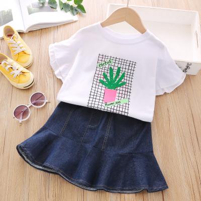 China Chinese Style Summer Korean Girls Short Sleeve White T-shirt Jean Skirt 2pcs Clothing Sets Cheap Denim Skirt for sale