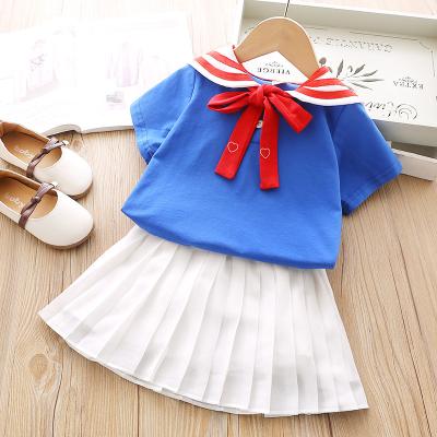 China New Sweet Style Pure Cotton 2pcs Clothing Sets Girl Tops T-shirt Pleated Skirt Suit Babies Plaid Short Skirt for sale