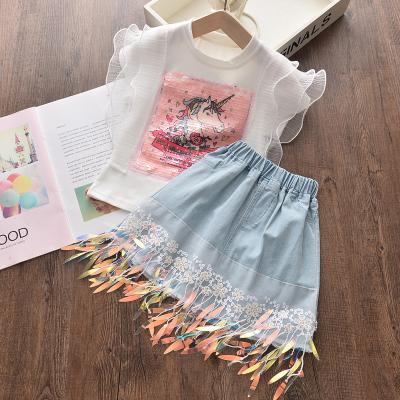 China Breathable Costume Girls Flying Sleeve Unicorn Top With Beard Denim Skirt New for sale