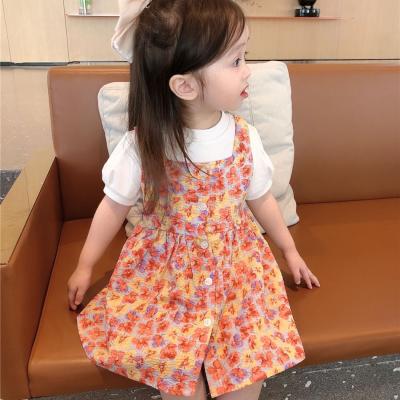 China 2021 Summer Children's Girl's Short Sleeve Top Sweet Floral Skirt + Suspender Skirt Two-piece Set for sale