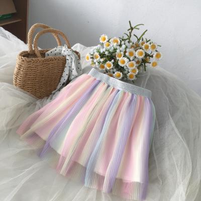 China New Breathable High Quality Korean Style Fashion Layered Tutu Rainbow Tulle Kids Pleated Skirt for sale