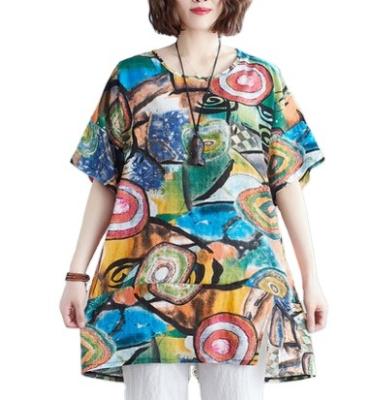 China New Women's Summer Women's Anti-Wrinkle Neck Short Round Skirt T-shirt Loose Slim Fashion Art Print Casual Sleeve Dress for sale