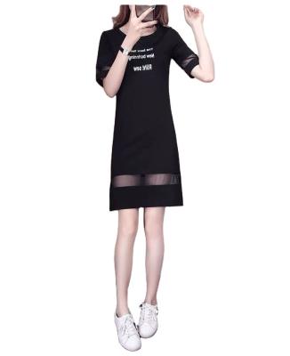 China Amazon Round Border Fashion Women's Summer Anti-static T-shirt Short Sleeve Neck Lace Patchwork Letter Print Casual Dress for sale