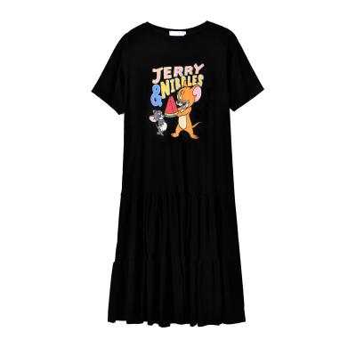 China Summer anti-static ladies dresses new large sleeve short round neck cartoon printing cute splicing loose long dress for sale