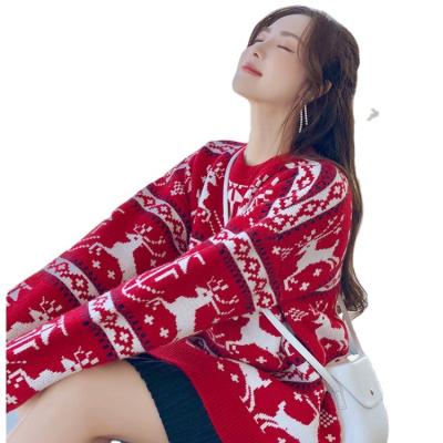 China female fawn soft red lazy sweater new European and American Christmas sweater autumn and winter Korean loose sweater Anti-wrinkle for sale