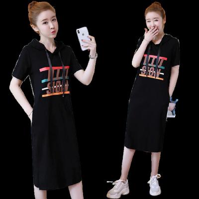 China New anti-static Korean style overknee summer short sleeve dress printed mid-lengthtWomen's hooded striped T-shirt dress for sale