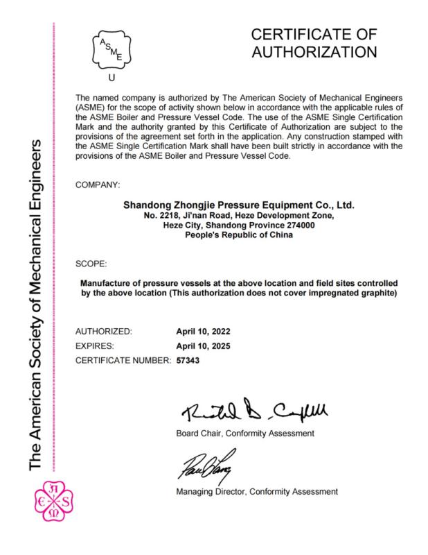 ASME - Shandong Zhongjie Pressure Equipment Co., Ltd.