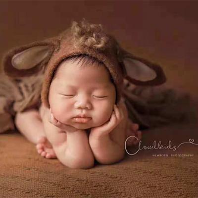 China Soft and Cozy Eco-Friendly Newborn Photography Props Cute Animal Newborn Wool Hood Felted Pattern Hat Newborn Baby Boy Brown Lamb Fur Hat Infant Animal Hat for sale