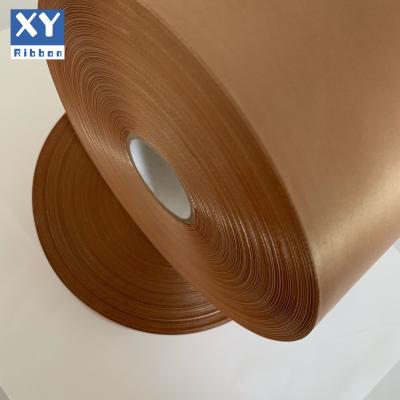 China 100% Camel/Polyester Caramel Satin Garment Care Ribbon Sustainable Decorative Single / Double Side Wash Rolls For Printing for sale