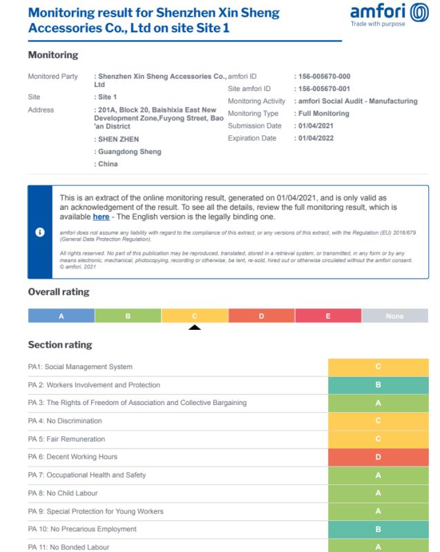 BSCI - Shenzhen Xin Sheng Accessories Co., Ltd.