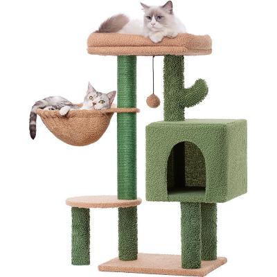 China Wooden Modern Cat Sisal Scratcher Cactus Cat Tree with Hammock and Scratching Post for sale