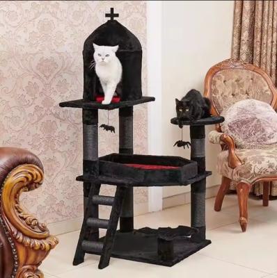 China Black Gothic Cat Tower Coffin Bed Condo Scratching Posts Spider Ball Multi-Level Furniture for sale