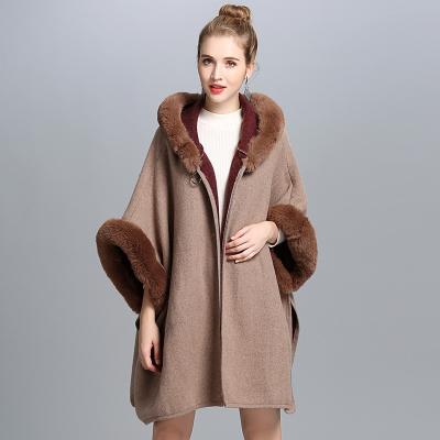 China Polyester Polyester China Manufacture Women's Cardigan Cape Faux Fur Trim Hooded Cape for sale