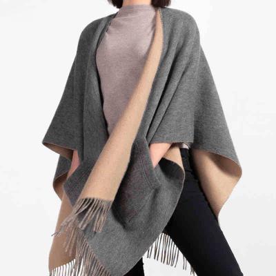 China Reversible Autumn Winter Big Size Ladies Wool 100% Wool Double Color Cape Shawl With Pockets for sale