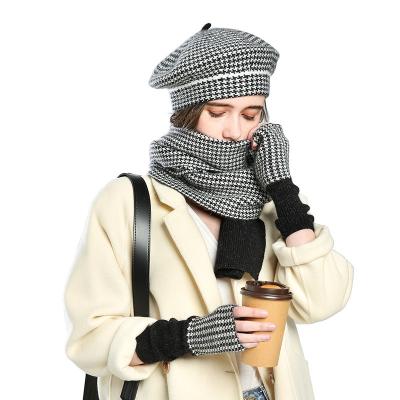 China Hot Sale Scarf Beanie Mitten Set High Grade 70% Cotton Amazon Ladies Knitted Beret Hat Scarf Mitten Set 70% Cotton for sale