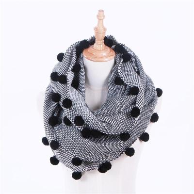 China Acrylic Fabric Snood Neck Scarf With Small Pom Poms Trimming Snood for sale