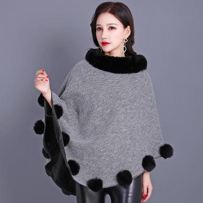 China Soft Fake Fur Pom Pom Trim Ladies Cheap Polyester Winter Poncho Shawl for sale