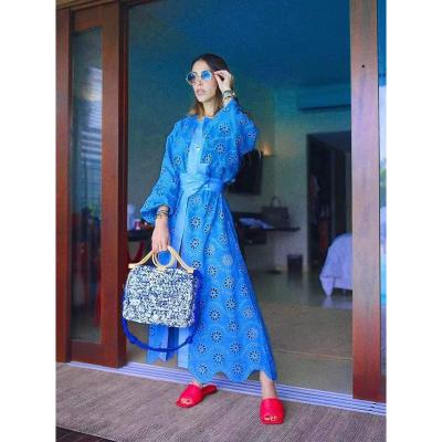 China Anti-Static A6208 Factory Wholesale Long Sleeves Blue Lace Plus Size Women Vacation Long Dress for sale