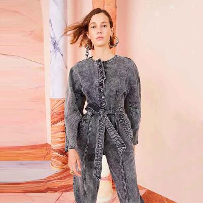 China A4471 Dropshipping O Neck Single Breasted Belt Anti-Shrink Denim Women Casual Overalls for sale