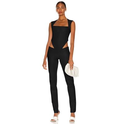 China C2751 Hollow Bodycon Ladies Viable Wholesale Black Sleeveless One Piece Long Jumpsuit for sale