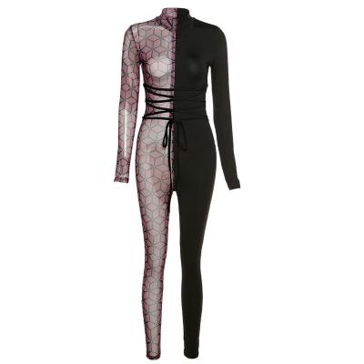 China Mesh Black Fashion Long Sleeve Anti-pilling Sexy Stock Jumpsuits Semi Sheer Women Sexy Jumpsuit For Women for sale