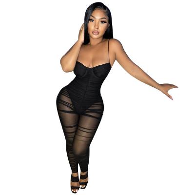 China 2021 newcomer black mesh jumpsuit QUICK DRY sheer shoulder strap sexy jumpsuit for sale