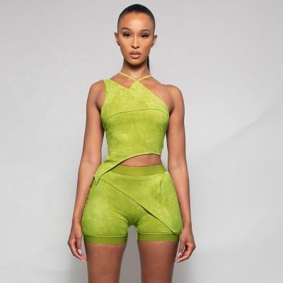 China New 2022 Women's Summer Solid Color QUICK DRY High Waist Irregular Halter Vest Slim 2 Piece Shorts Suit for sale