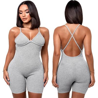 China 2022 Backless Ladies QUICK DRY Bodycon Solid Rib Knitted Jumpsuit Woman Fashion Sexy V-neck Cross Strap Romper for sale