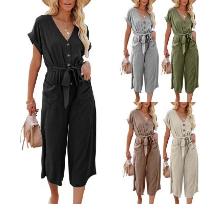 China Wholesale QUICK DRY 2022 Summer Fashion Solid V-Neck Shorts Sheath Loose Women Lace Up Pocket Overalls for sale