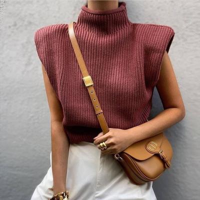 China 2022 Women QUICK DRY Solid Color High Collar Cotton Sweater Top Epaulet Sexy Sleeveless Short Sweaters for sale