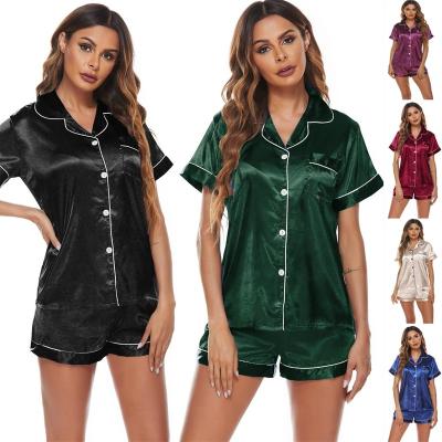 China 2022 Summer Sexy QUICK DRY Women's Solid Sleepwear 2 Piece Pajamas Set Two Piece Shorts Set Women Silk Satin Sleepwear Robes for sale