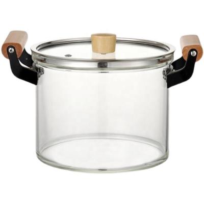 China OEM 2022 Sustainable Large To Size Soup Pot Heat Resistant Glass Heat Resistant High Borosilicate Glass Cooking Pot Set Cookware With Wooden Hand for sale