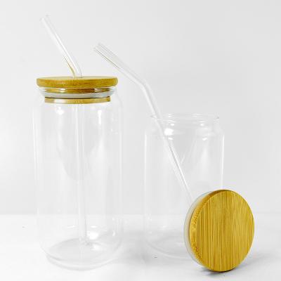 China NO High Quality 550ml 16oz Big Transparent Clear Box Shaped Containers Lid Cola Beer Glass Bamboo Mug With Straw for sale