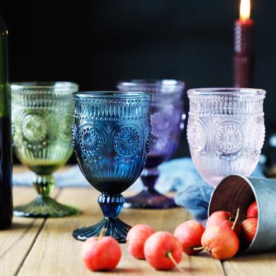 China Party Wedding Decor Vintage Colored Juice Glass Cup Colored Wine Lead Free Embossed Glass Goblet for sale