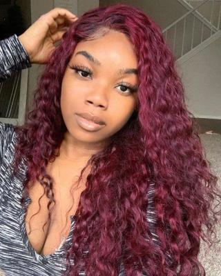 China 2-3 Years Under Proper Care Deep Wave 99j Hd Lace Front Wig, Swiss Curly Pre Plucked Glueless 99j Lace Wig, 99j Burgundy Red Color Hair Wig for sale