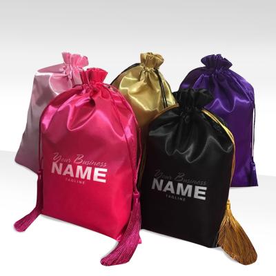 China Nusface WAVE WAVE Drawstring Waist Satin LOOSE DEEP Custom Hair Extension Packaging Bags with Tassels, Hair Bundle Packing Box and Bags for sale