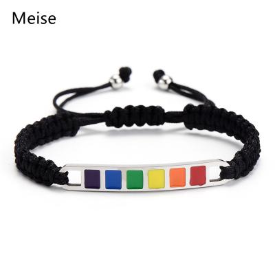 China Other Yiwu Meise MS0155 Lovers Rainbow Pride Hand Jewelry Stainless Steel Bangle Epoxy Braided Adjustable Rope Strap Cheerful Bangle for sale