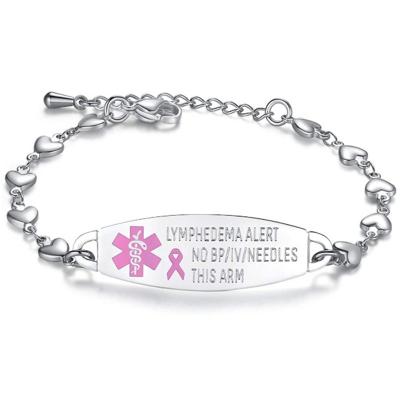 China Casual/Sports Alert Lymphedema Bracelet No No Boiling Needles Bracelet Adjustable Stainless Steel Heart Links Breast Cancer Medical Bracelets for sale