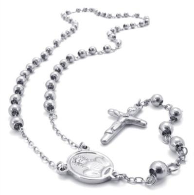 China 316L Stainless Steel Saint Praying Rosary Beads Ball Chain Necklaces With Jesus Cross for sale