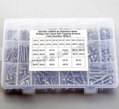 China 17*10*2.3 Screw nut combination set 380pcs stainless steel 304 din7981 cross pan head / round head self tapping m3m4m5 Assortment kit for sale