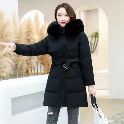 China 2021 Anti-wrinkle Hood Slim Midi Goose Down Black Fur Padded Women's Down Jackets With Belt for sale