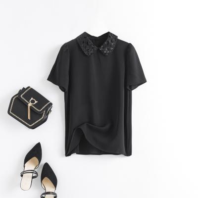 China Stylish / Elegant Short Sleeve Black T-shirt Anti-wrinkle Top With Beaded Collar And Waist for sale