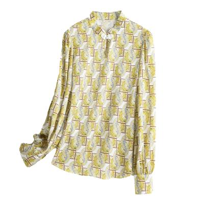 China Ventilation 2021New Design Ladies Yellow Silk Blouse 2Xl Grid Natural Silk Women's Shirts for sale