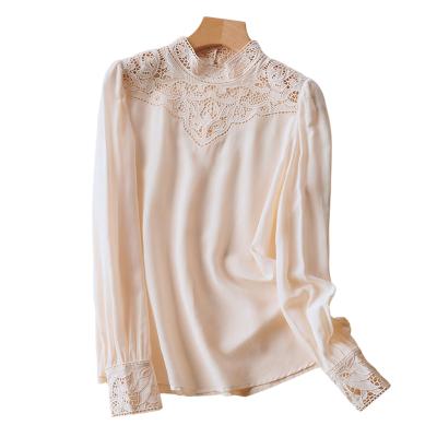 China Plain 100% Chiffon Blouses Korea designer lace anti-pilling silk blouse women shirt thin ice black pink ladies hollow silk for sale