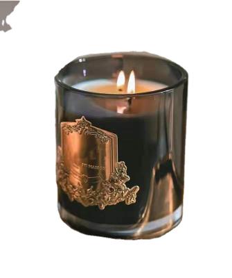 China Scented Art Candle High End Customized Metal Marking Jar Black Glass Soy Wax Candle Scented Candles for sale