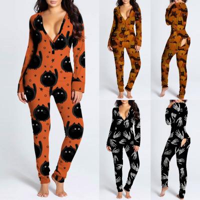 China Wholesale QUICK DRY Halloween Onesie With Button One Piece Ladies Overalls Women Sexy Jumpsuits Long Sleeves Plus Size Onesie Pajamas for sale