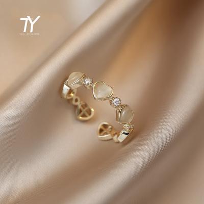 China FASHIONABLE Lover Shaped Gold Color Zircon Opals Open Rings For Women 2022 Fashion Korean Girl's Elegant Finger Jewelry Accessories for sale