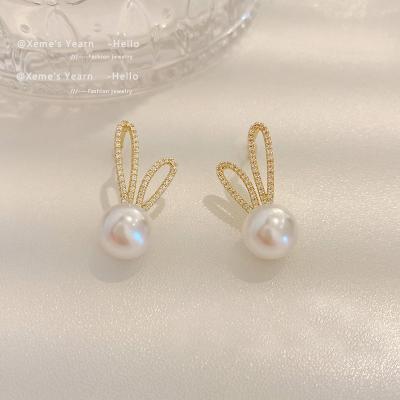 China Wholesale Jewelry TRENDY Hot-selling 18K Gold Plated Inlaid Zircon Pearl Rabbit Shaped Earrings Exquisite Copper Alloy Accessories for sale