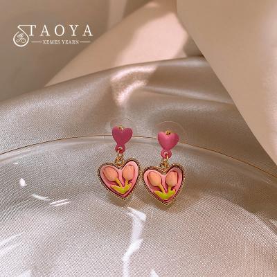 China Tulip Flowers Heart Dangle Earrings Sweet Cute Girls Wholesale 2022 Korean Stylish Accessories Party For Women Fashion Jewelry for sale